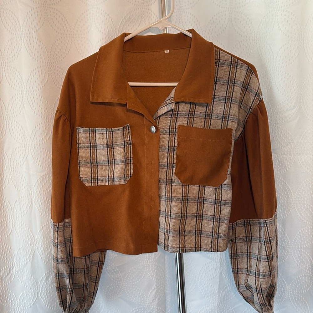 Velvety Camel Brown and Plaid Cropped Sweater